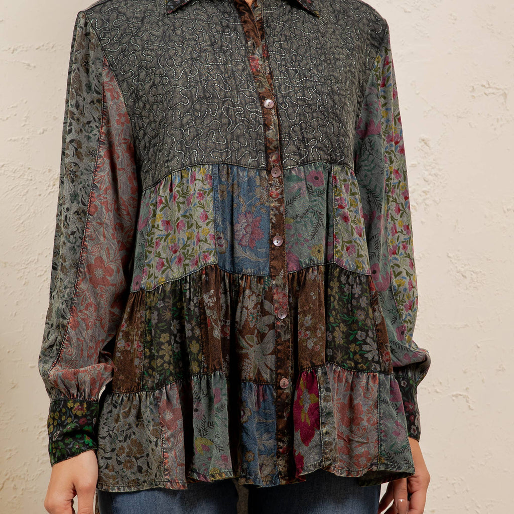 Young Threads - Vintage Floral Boho Ruffle Hem Button Down Tunic Top NEW