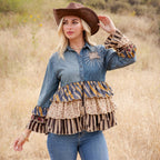 Young Threads - Vintage Boho Denim Yoke Patchwork Tiered Tunic Top  NEW