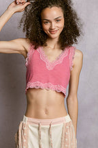 Pol Clothing - Lace Trim Ribbed V Neck Summer Sleeveless Crop Top