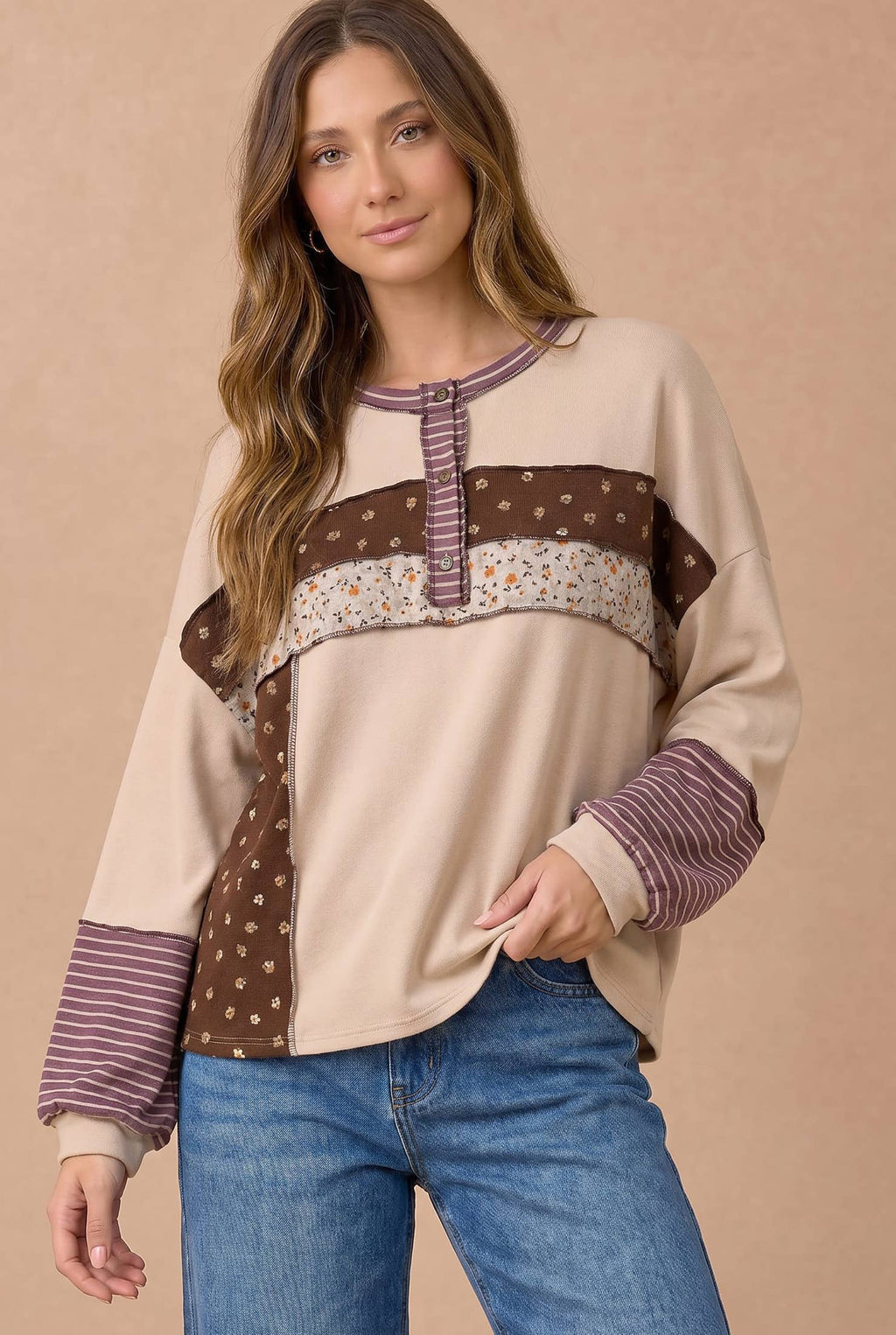 Haptics - Floral Stripe Color Block Neck Buttoned Top