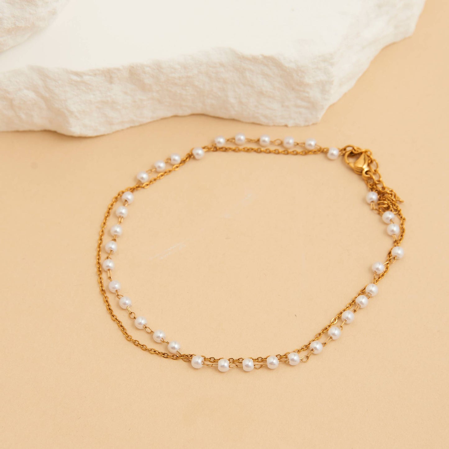 Howard's - Waterproof Anklet 18K Gold Double Row Pearl & Chain Narelle