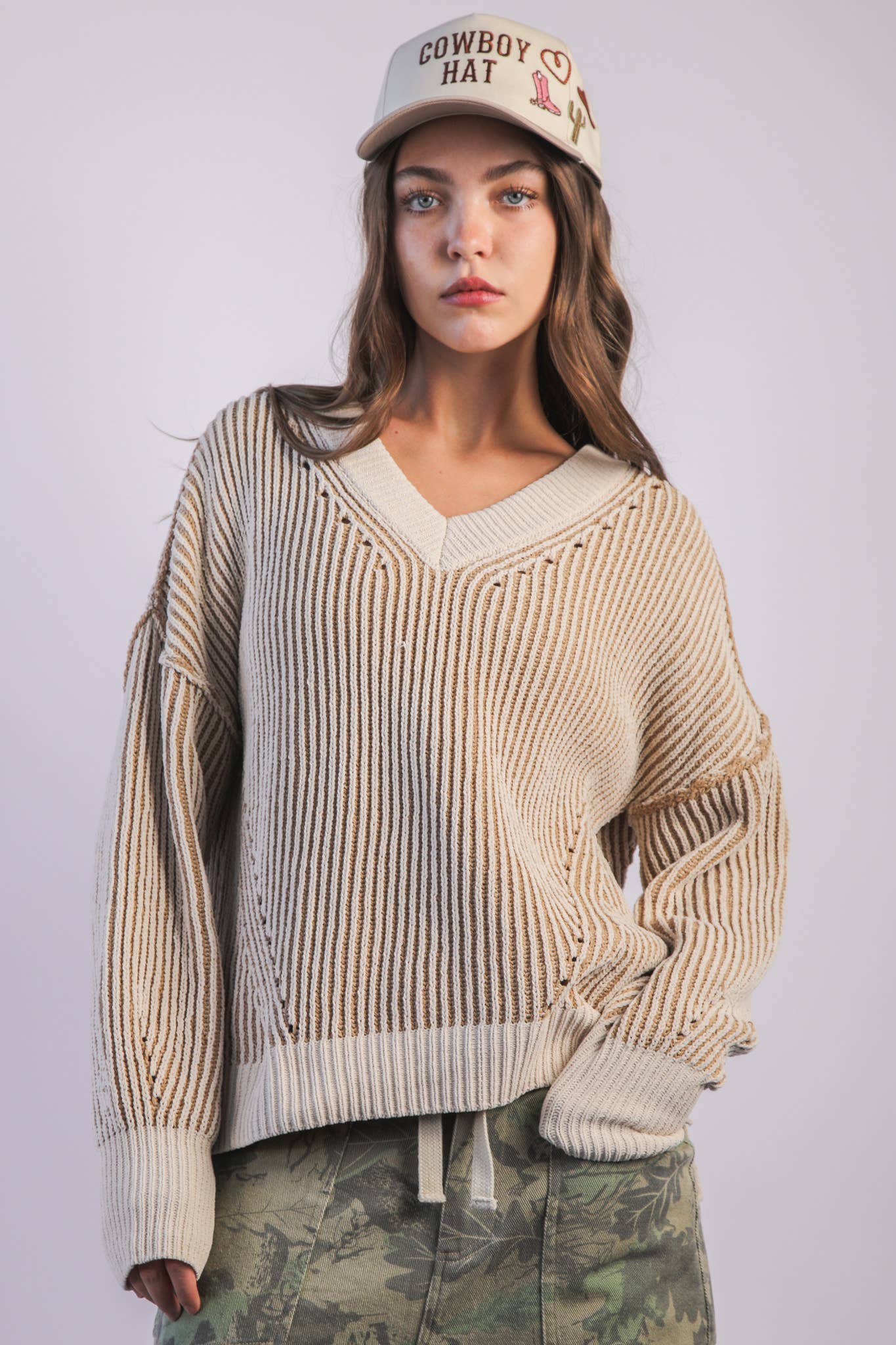 Oversized Two Tone Knit Casual Sweater Top