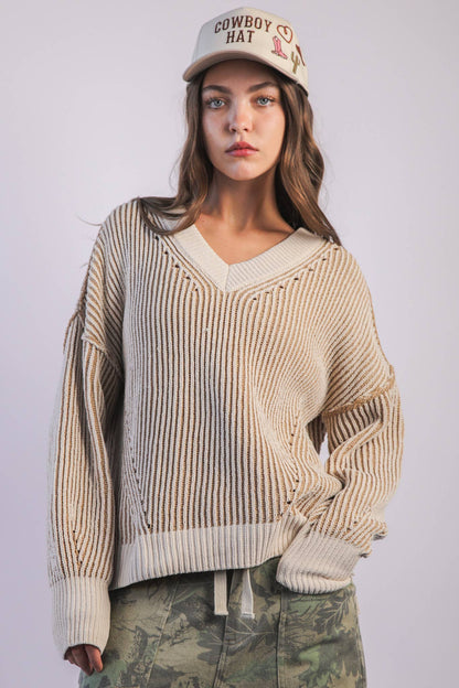 Oversized Two Tone Knit Casual Sweater Top