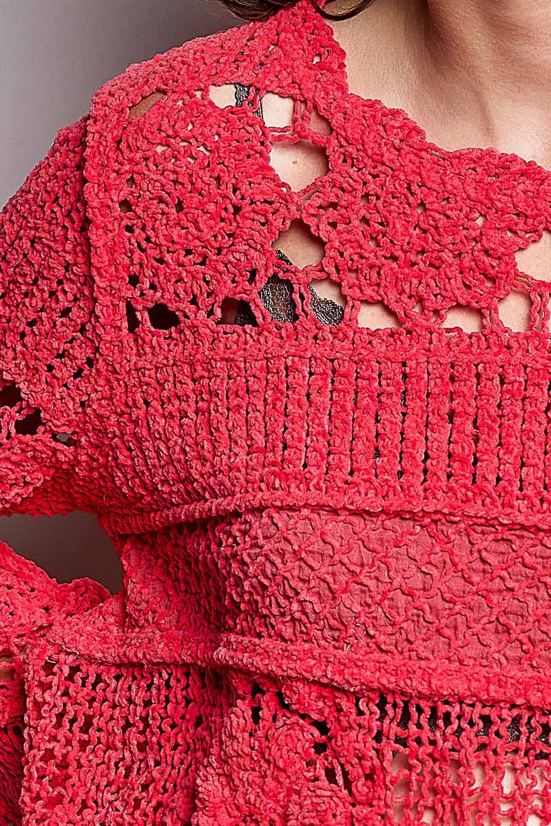 Pol Clothing - Textured Stitch Scalloped Trim Crochet Knit Sweater Top