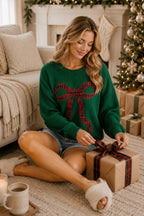Main Strip - Holiday Plaid Bow Waffle Knit Pullover Top