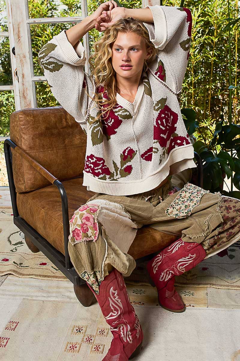 Pol Clothing - Long sleeve contrast floral exposed seam detail sweater top