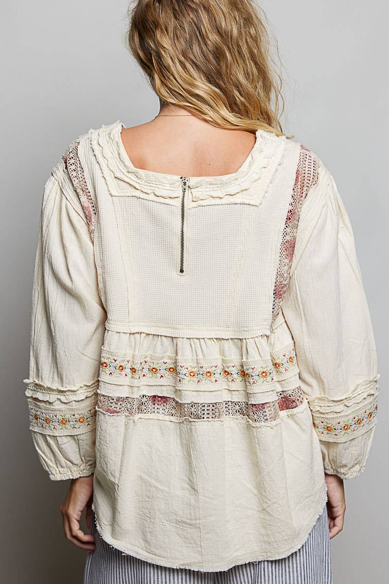 Pol Clothing - Embroidery Lace Contrast Square Neck Long Sleeve top