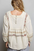 Pol Clothing - Embroidery Lace Contrast Square Neck Long Sleeve top
