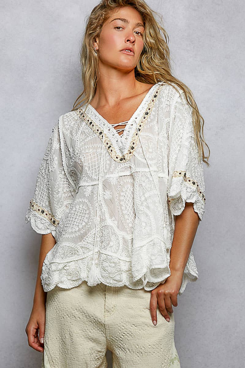 Pol Clothing - Short Sleeve Adjustable Drawstring Crochet V Neck Top