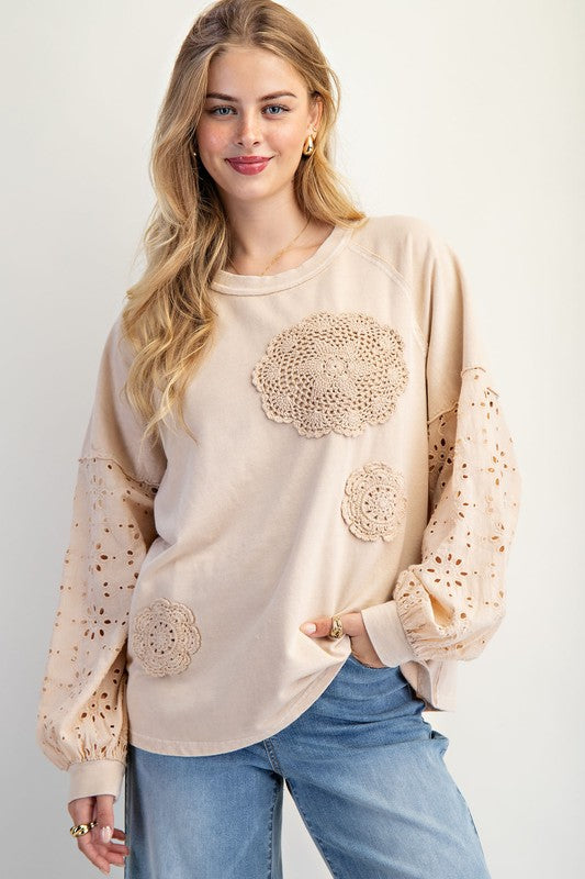 Easel Eyelet Lace Washed Terry Pullover