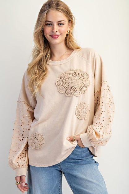 Easel Eyelet Lace Washed Terry Pullover