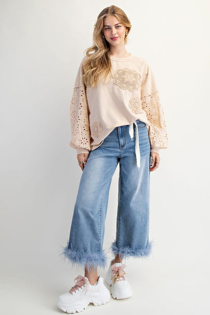 Easel Eyelet Lace Washed Terry Pullover