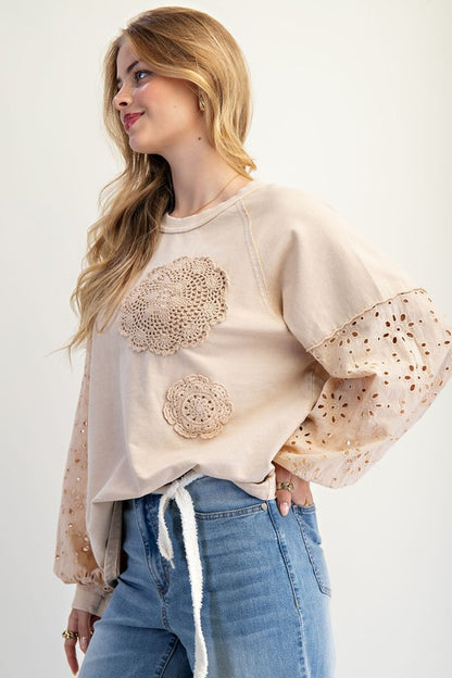 Easel Eyelet Lace Washed Terry Pullover