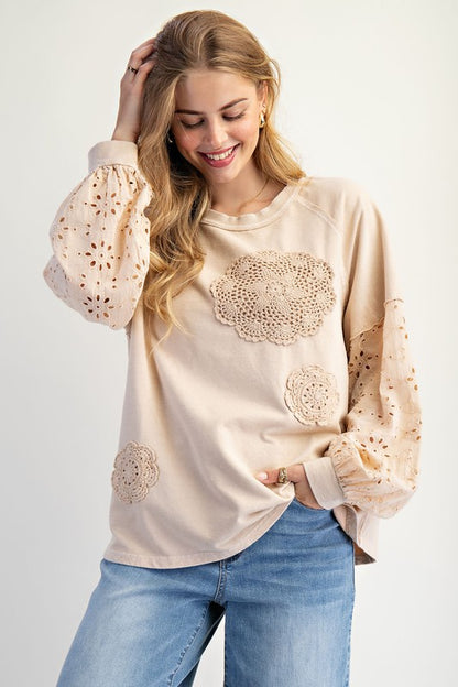 Easel Eyelet Lace Washed Terry Pullover