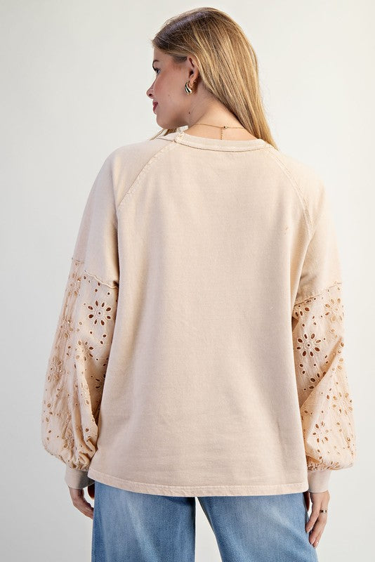 Easel Eyelet Lace Washed Terry Pullover