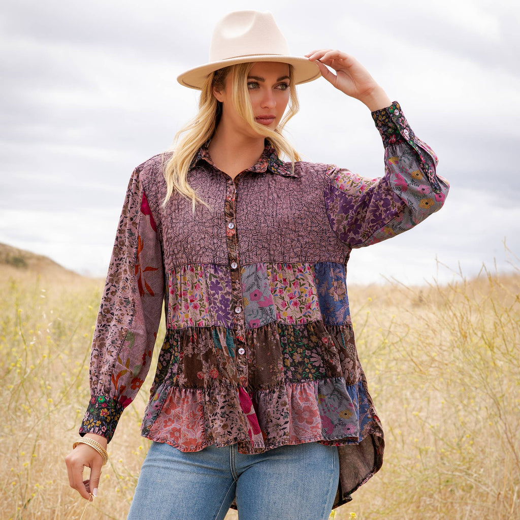 Young Threads - Vintage Floral Boho Ruffle Hem Button Down Tunic Top NEW