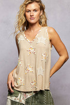Pol Clothing - Boho Floral Star Patch Rib Sleeveless Top