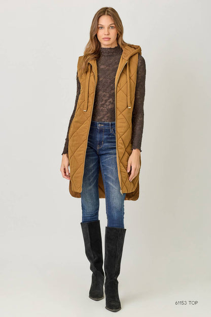 Mystree Quilted Puffer Long Hoodie Vest