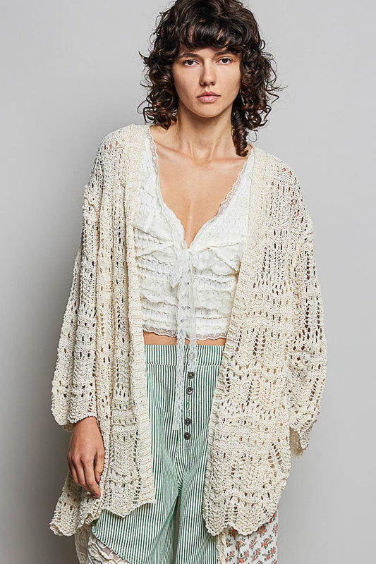 Pol Clothing - Weave Pattern Solid Thin Acrylic Sweater Open Cardigan SALE