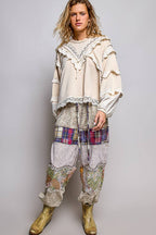 Pol Clothing - French Terry Eyelet Ruffle Vintage Washing Solid Knit Top