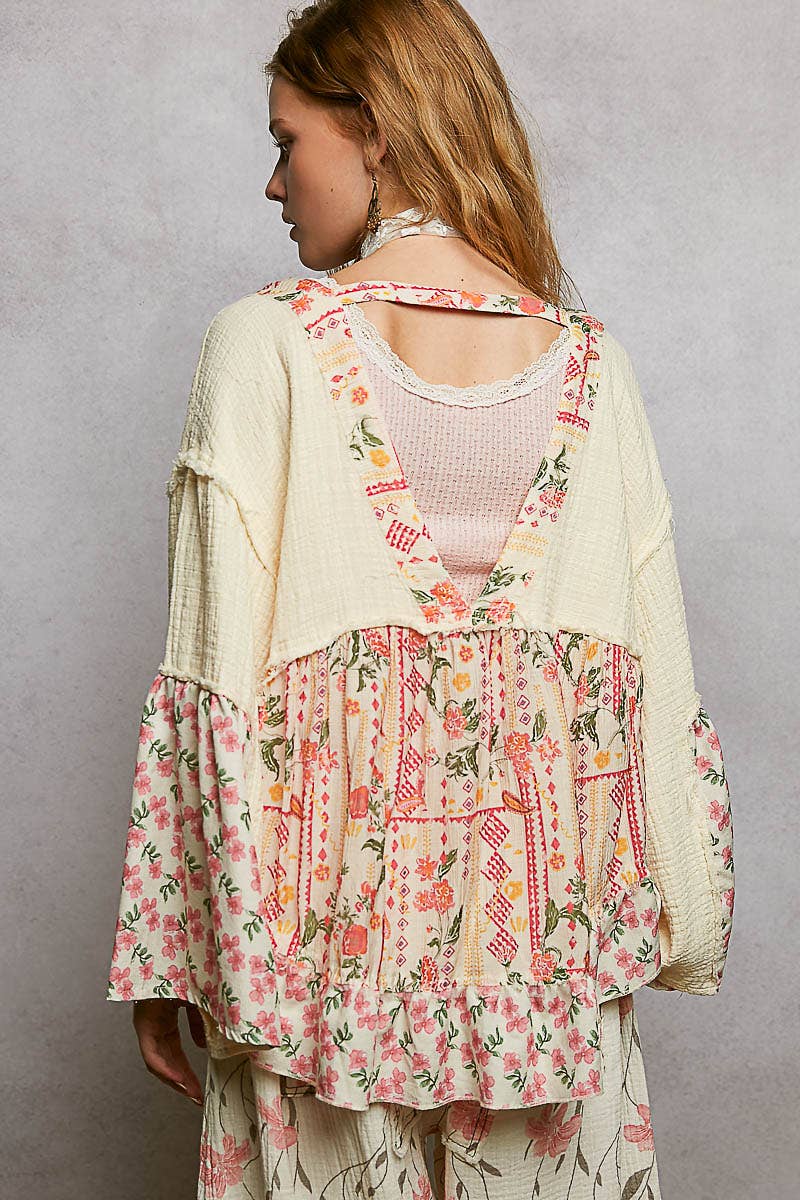 Pol Clothing - Double Gauze Floral Roomy Fit Open Cardigan with V-Back
