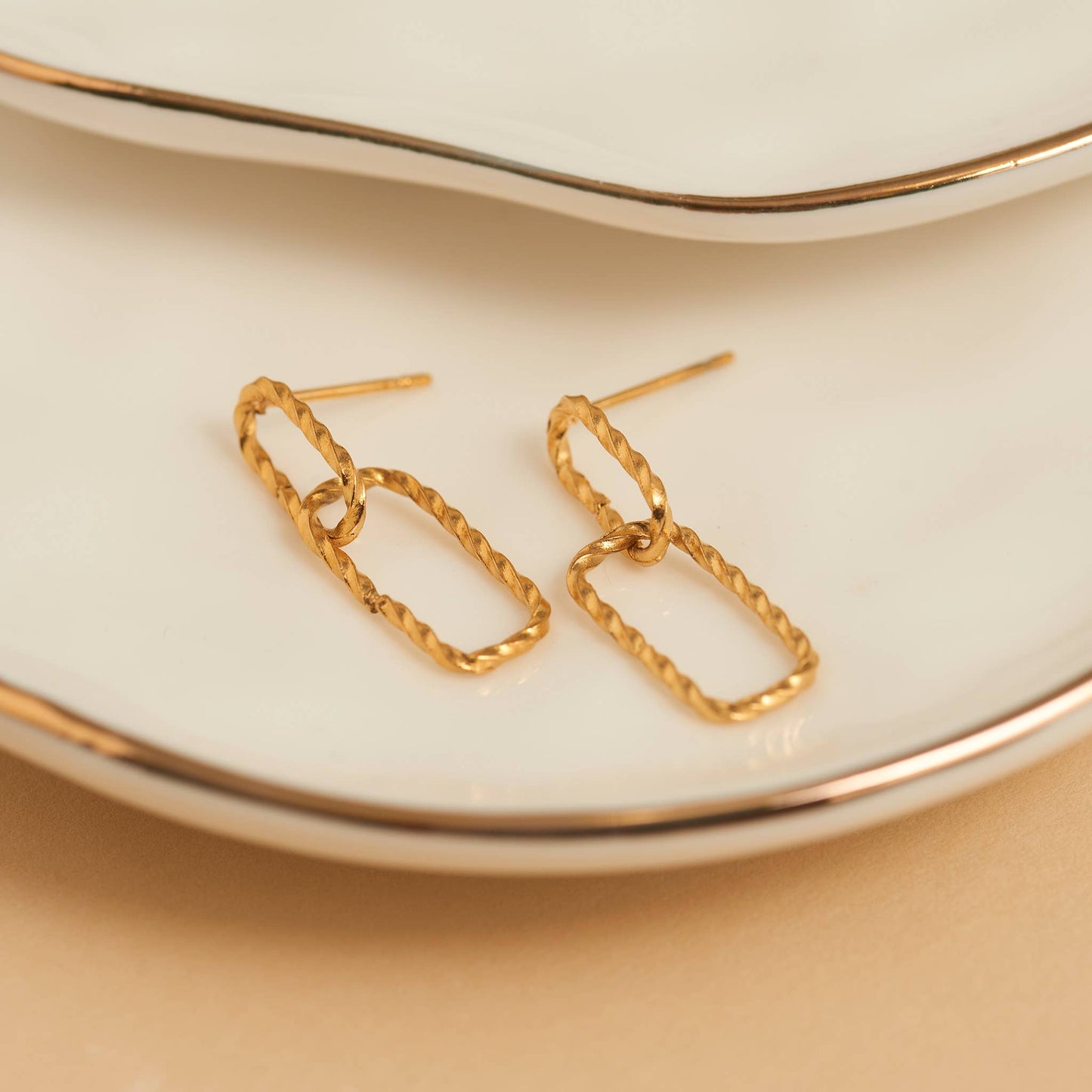 Howard's - Waterproof Earrings 18K Gold Textured Oval Link Dangle Studs