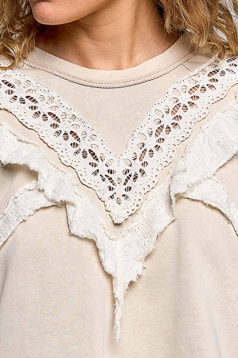 Pol Clothing - French Terry Eyelet Ruffle Vintage Washing Solid Knit Top