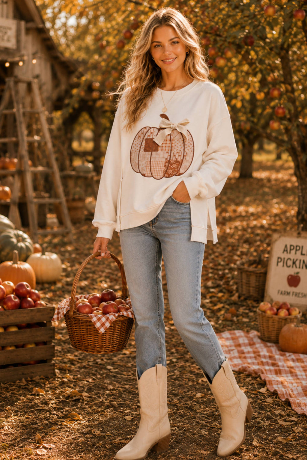 Main Strip - Patchwork Pumpkin Bow Graphic Sweatshirt