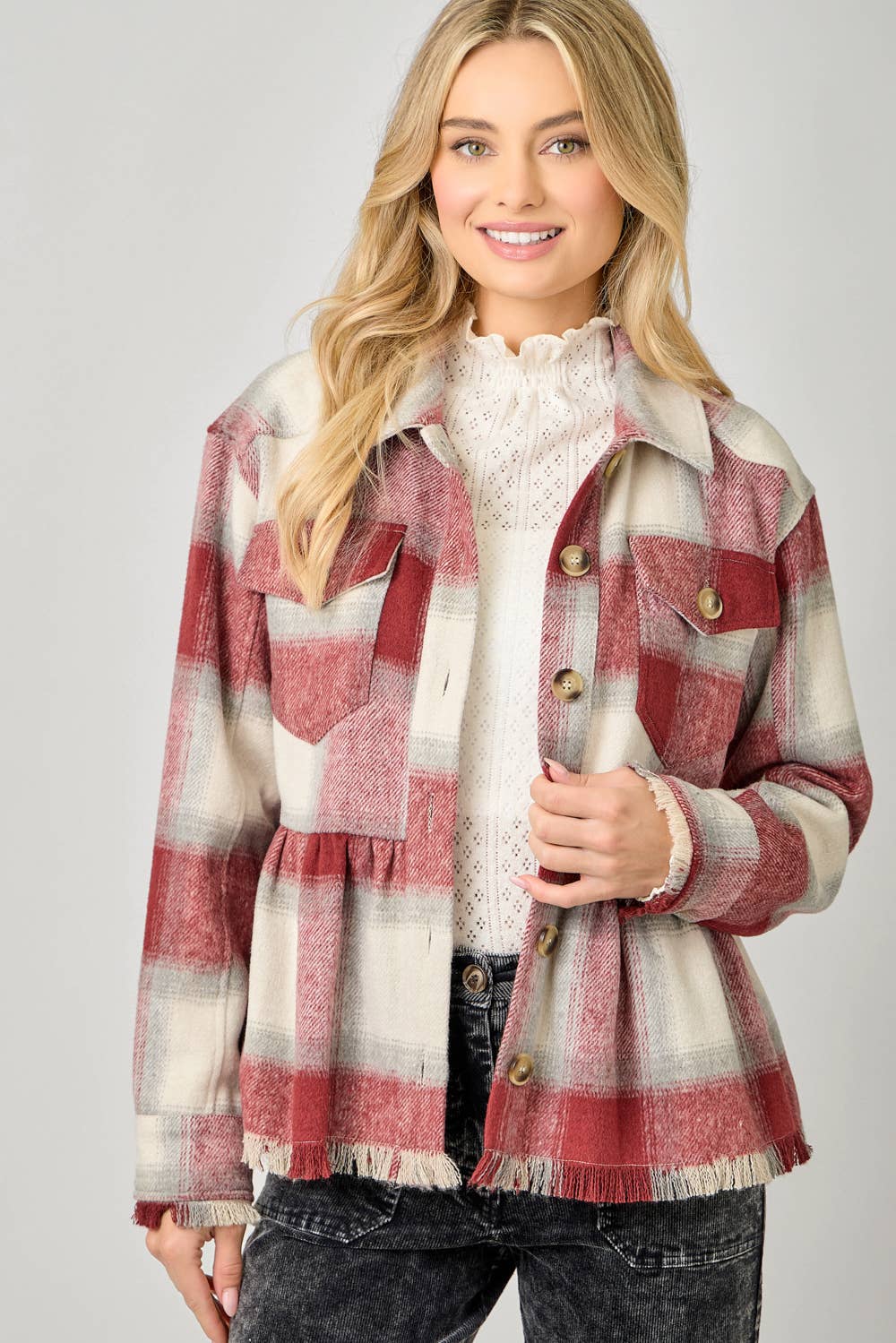 Perfect Peplum Fringe Plaid Jacket