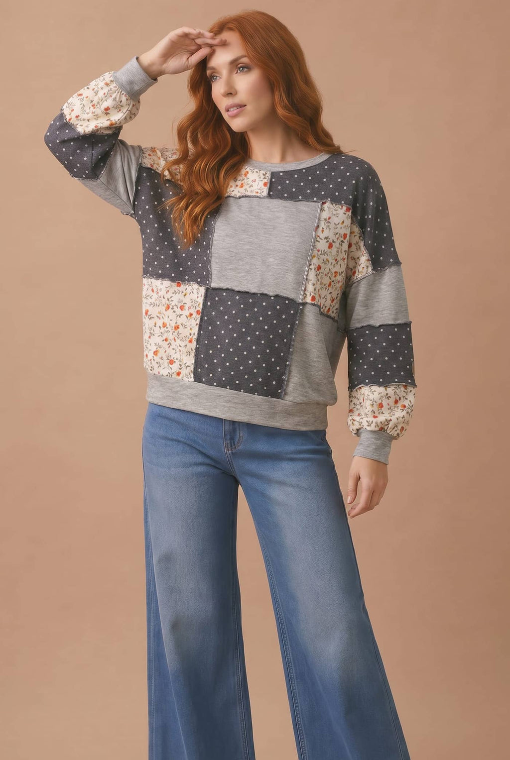 Haptics - Round Neck Mixed Print Patchwork Pullover