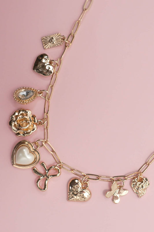 CHARM NECKLACE-BOW HEART RHINESTONE FLOWER |