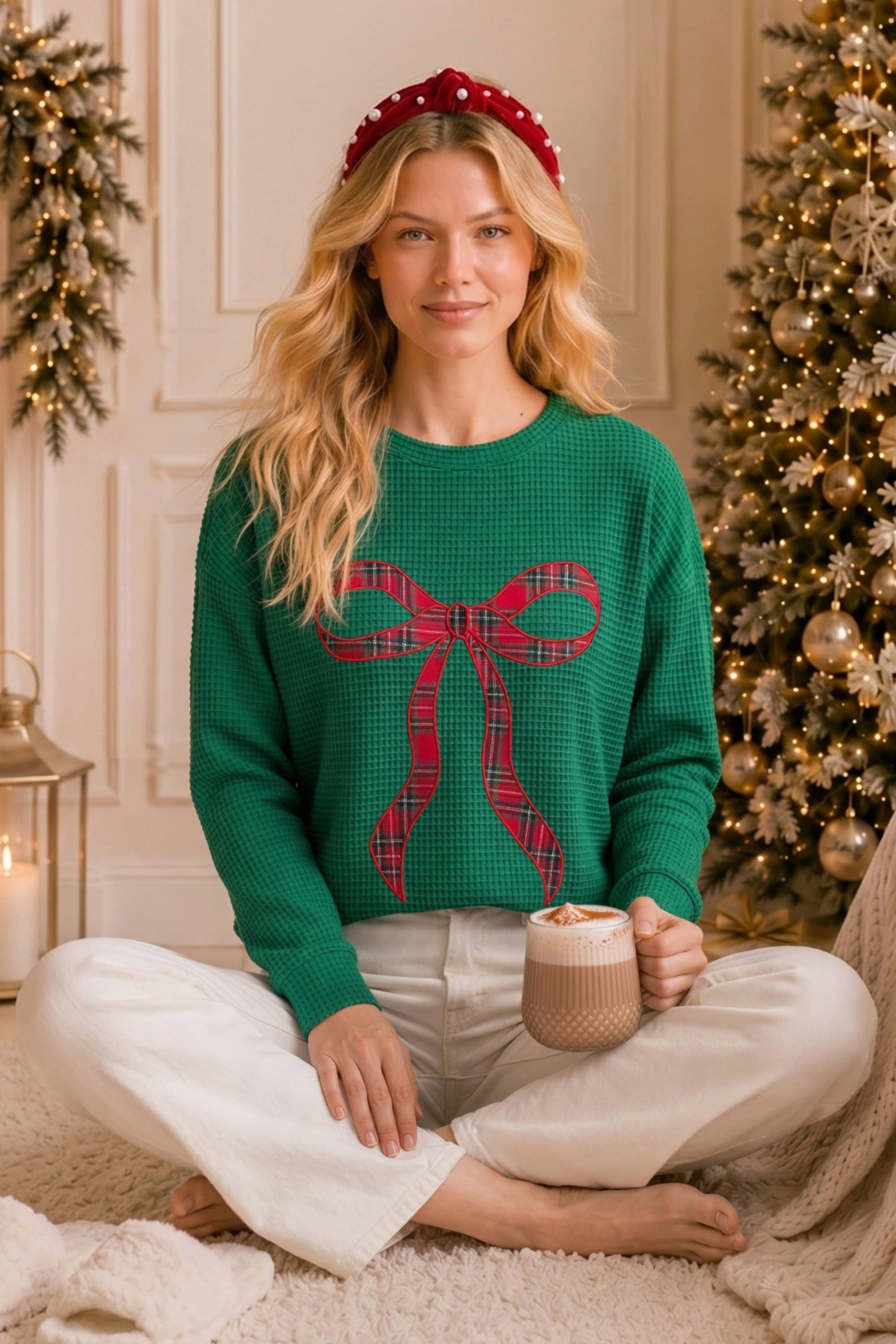 Main Strip - Holiday Plaid Bow Waffle Knit Pullover Top