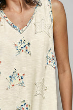 Pol Clothing - Boho Floral Star Patch Rib Sleeveless Top