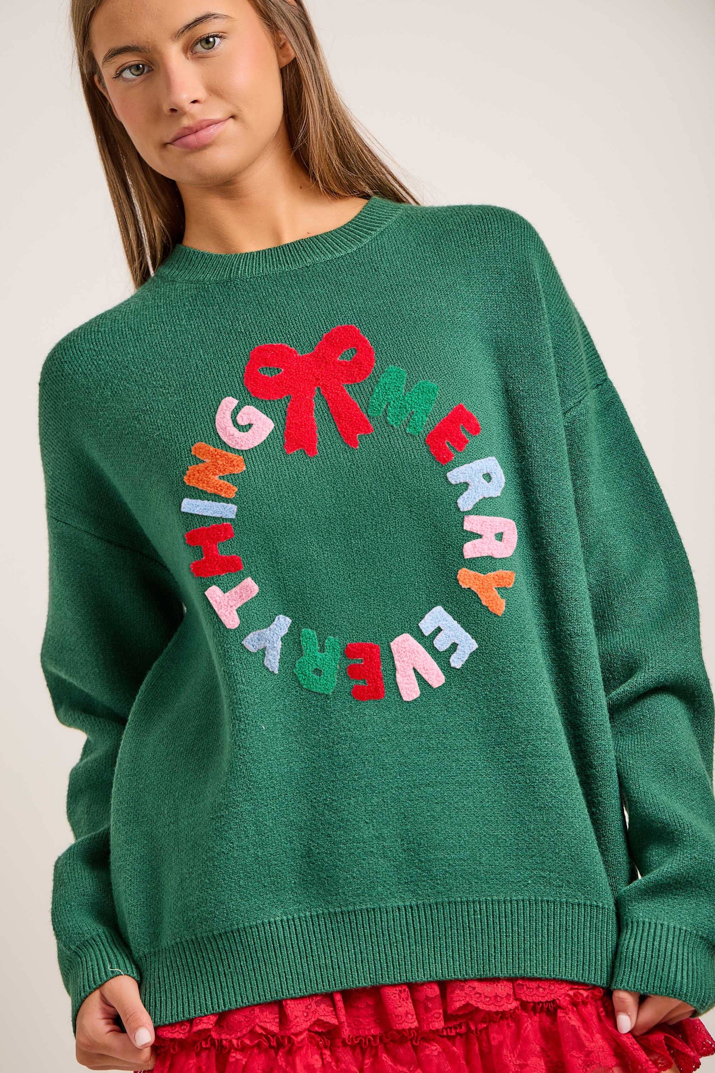 Merry Everything Knit Sweater with Wreath & Bow – Holiday