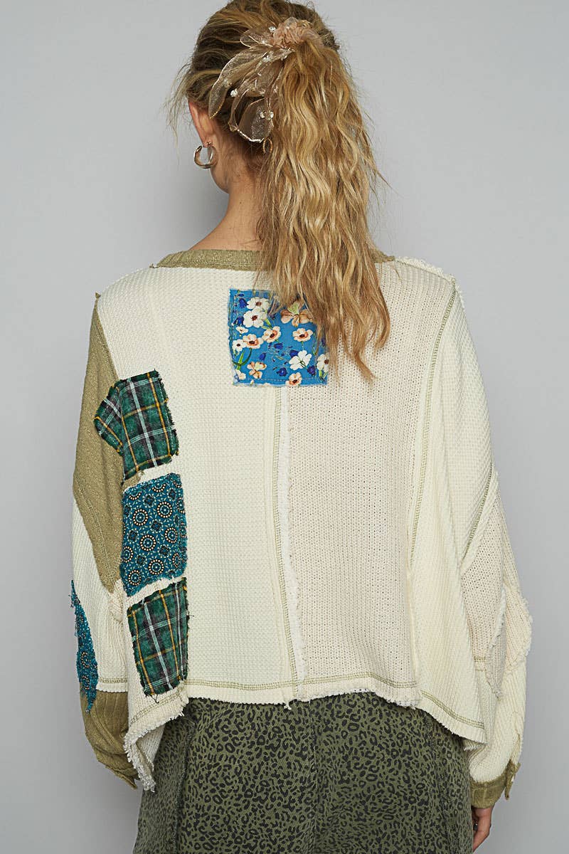 Pol Clothing - Round neck cut and sew patch oversized knit top