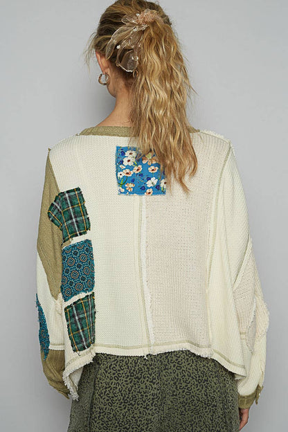 Pol Clothing - Round neck cut and sew patch oversized knit top