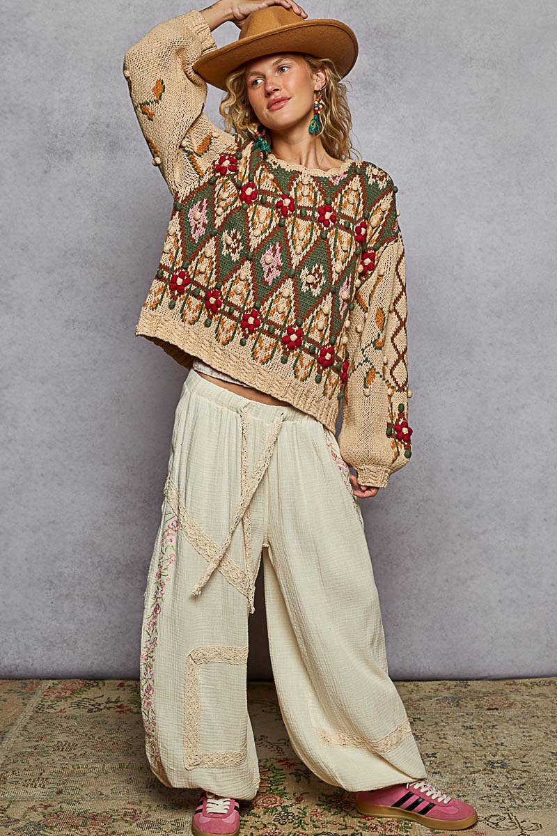 Pol Clothing - Scoop neck Aztec pattern 3D floral detail sweater top