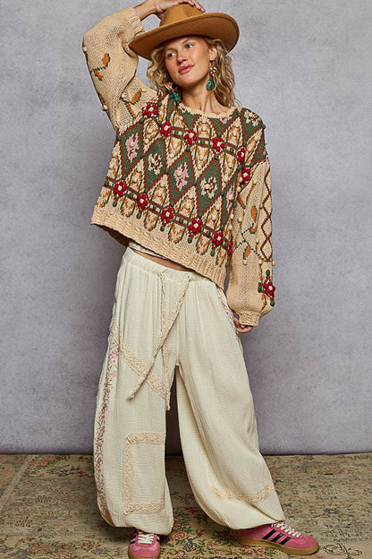 Pol Clothing - Scoop neck Aztec pattern 3D floral detail sweater top