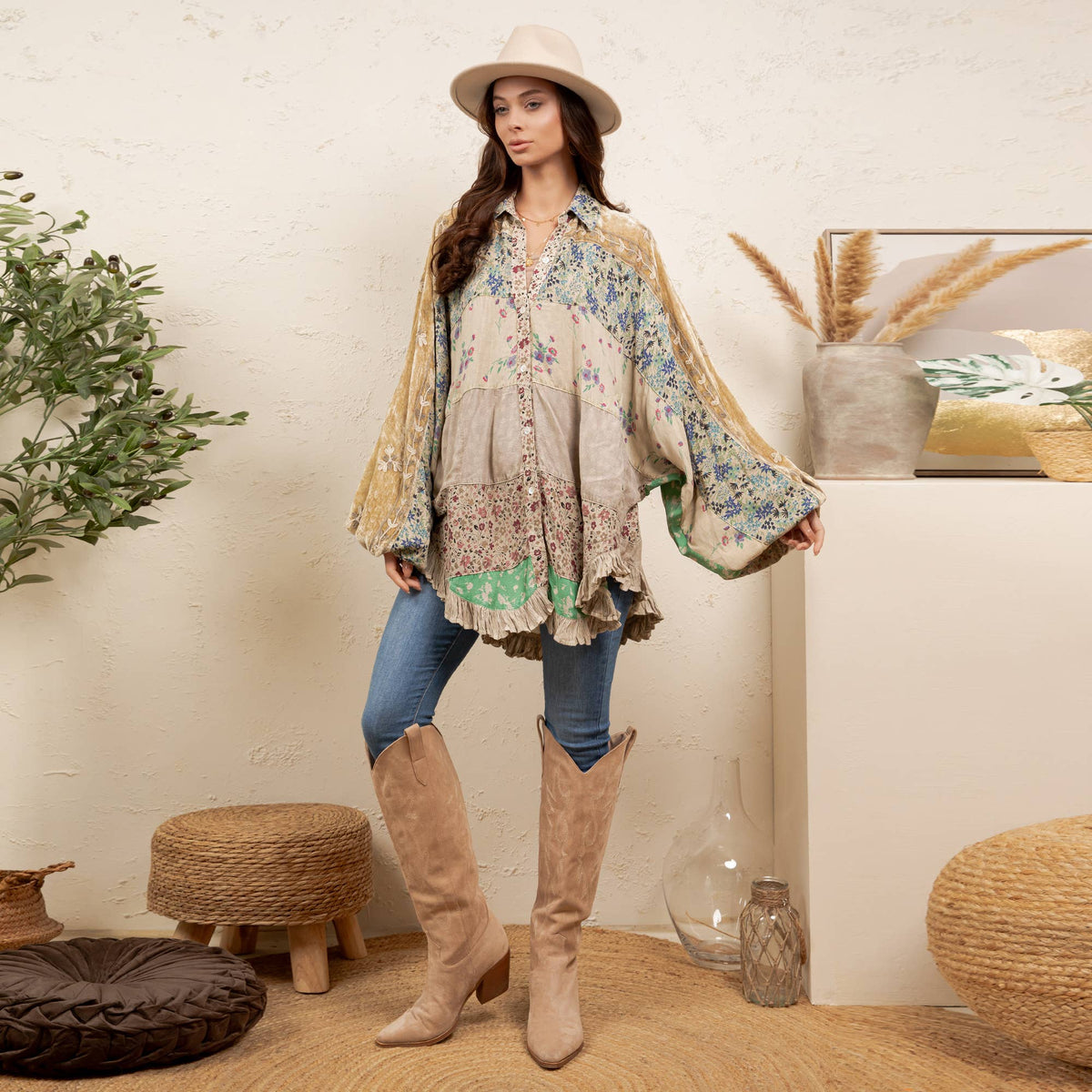 Young Threads - Vintage Mixed Print Patchwork Bat Sleeve Top -Ruffle Hem NEW