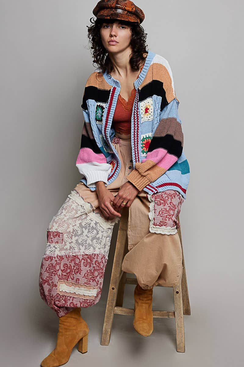 Pol Clothing - Handmade Patchwork Striped Chenille Sweater Open Cardigan