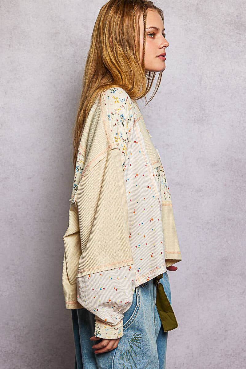 Marbella Long Sleeve Round Neck Floral Stripe Stitch Knit Top Pol Clothing