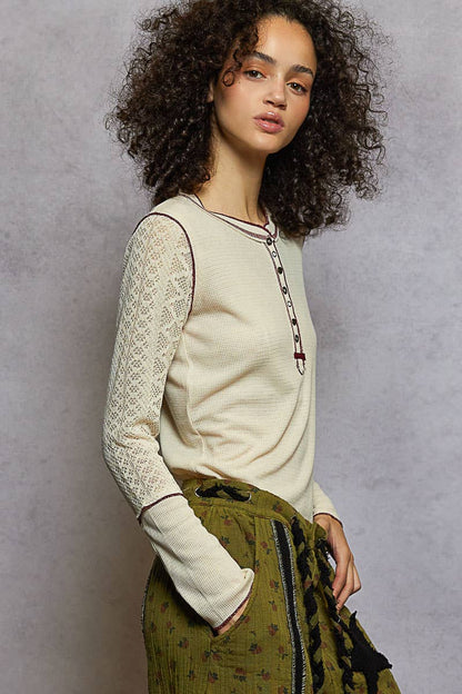 Pol Clothing - Round neck solid cut and sew knit mix knit top