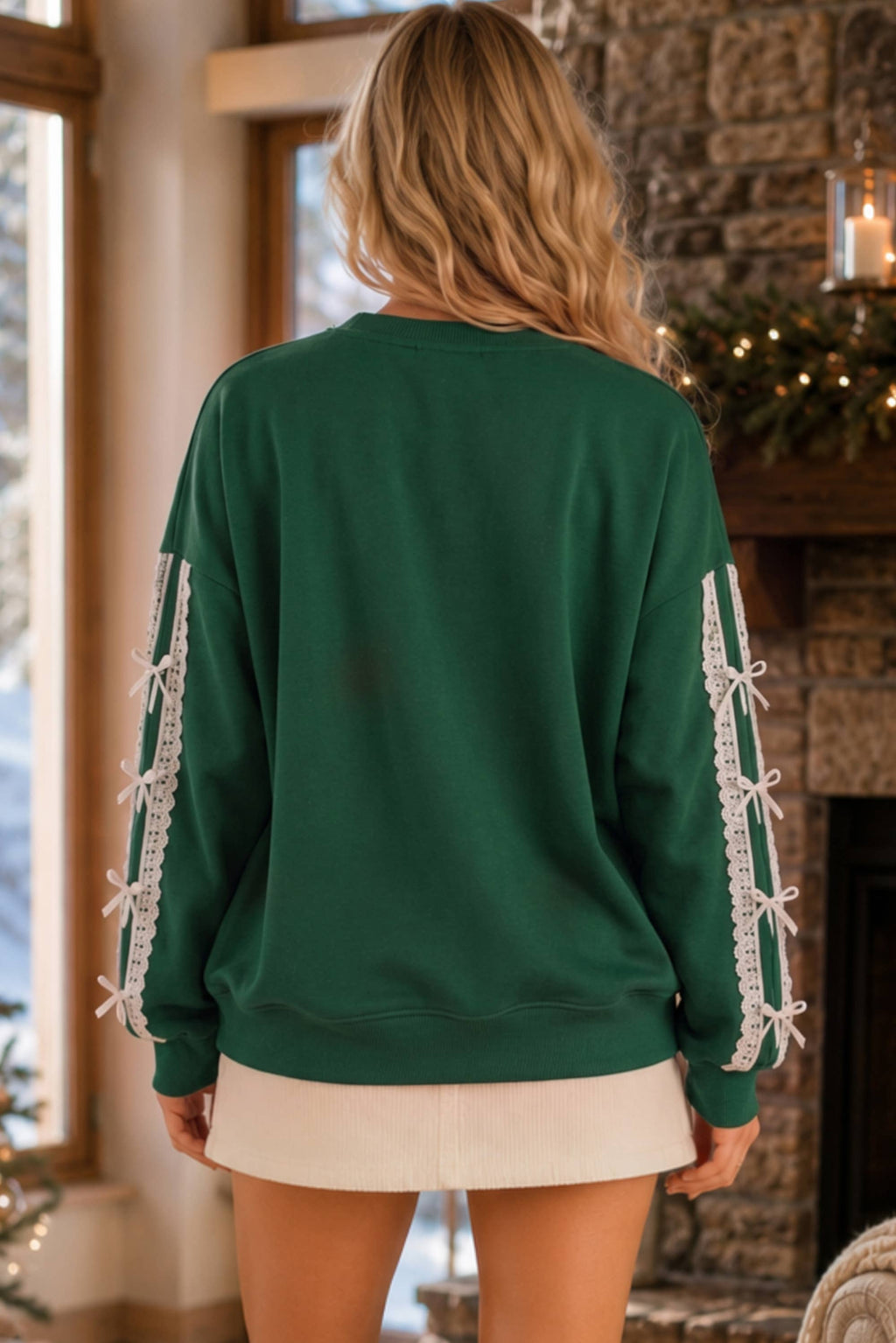 Main Strip - Merry Eyelet Lace Bow Sleeve Sweatshirt