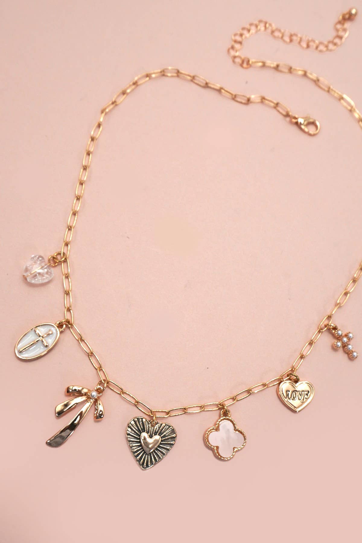 CHARM NECKLACE-CLOVER BOW CROSS HEART  |