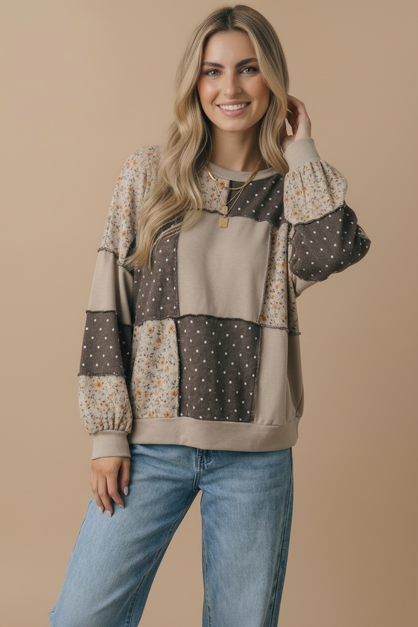 Haptics - Round Neck Mixed Print Patchwork Pullover