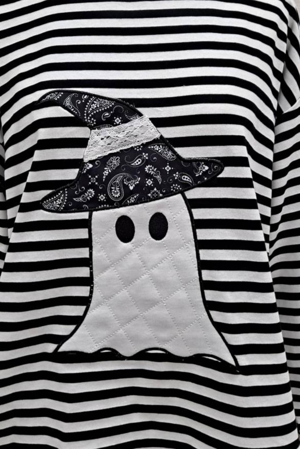 Main Strip - Halloween Ghost Appliqué Striped Long Sleeve Top