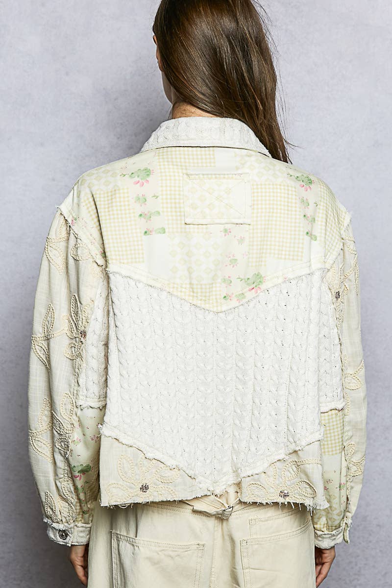 Pol Clothing - Cable Knit Lace Patchwork Woven Long Sleeve Shirt Top