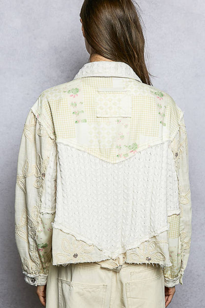 Pol Clothing - Cable Knit Lace Patchwork Woven Long Sleeve Shirt Top
