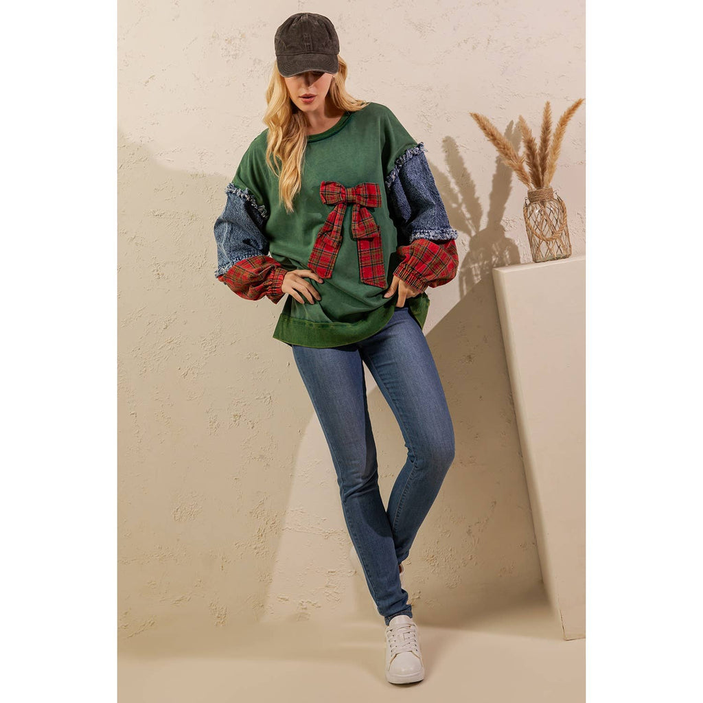 Sage + Fig - PLAID BOW DENIM SLEEVE PULLOVER (ST8117)