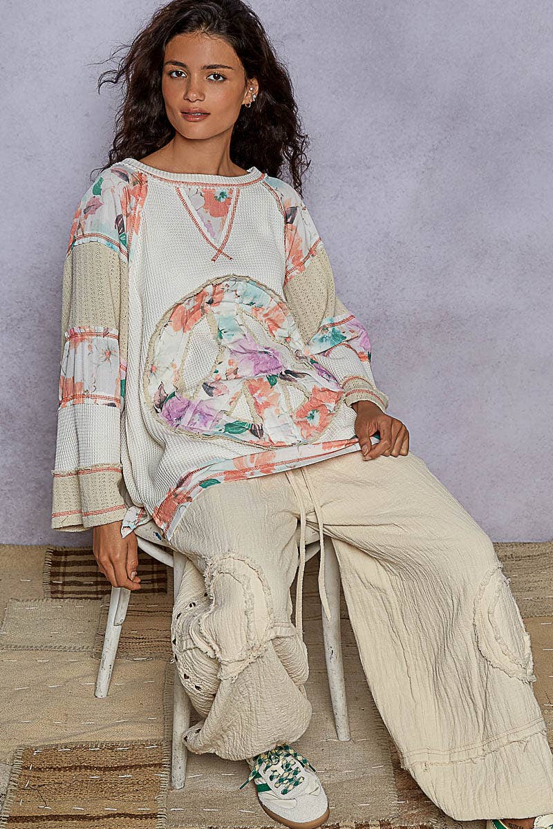 Pol Clothing - Round neck printed peace patch overlock stitch knit top
